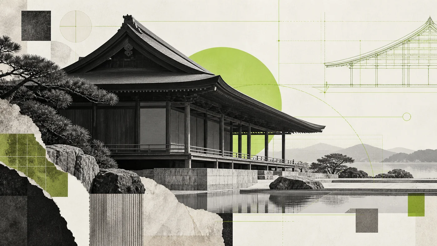 寺院建築と緑の設計線を重ねた、お寺の未来を考えるコラージュ