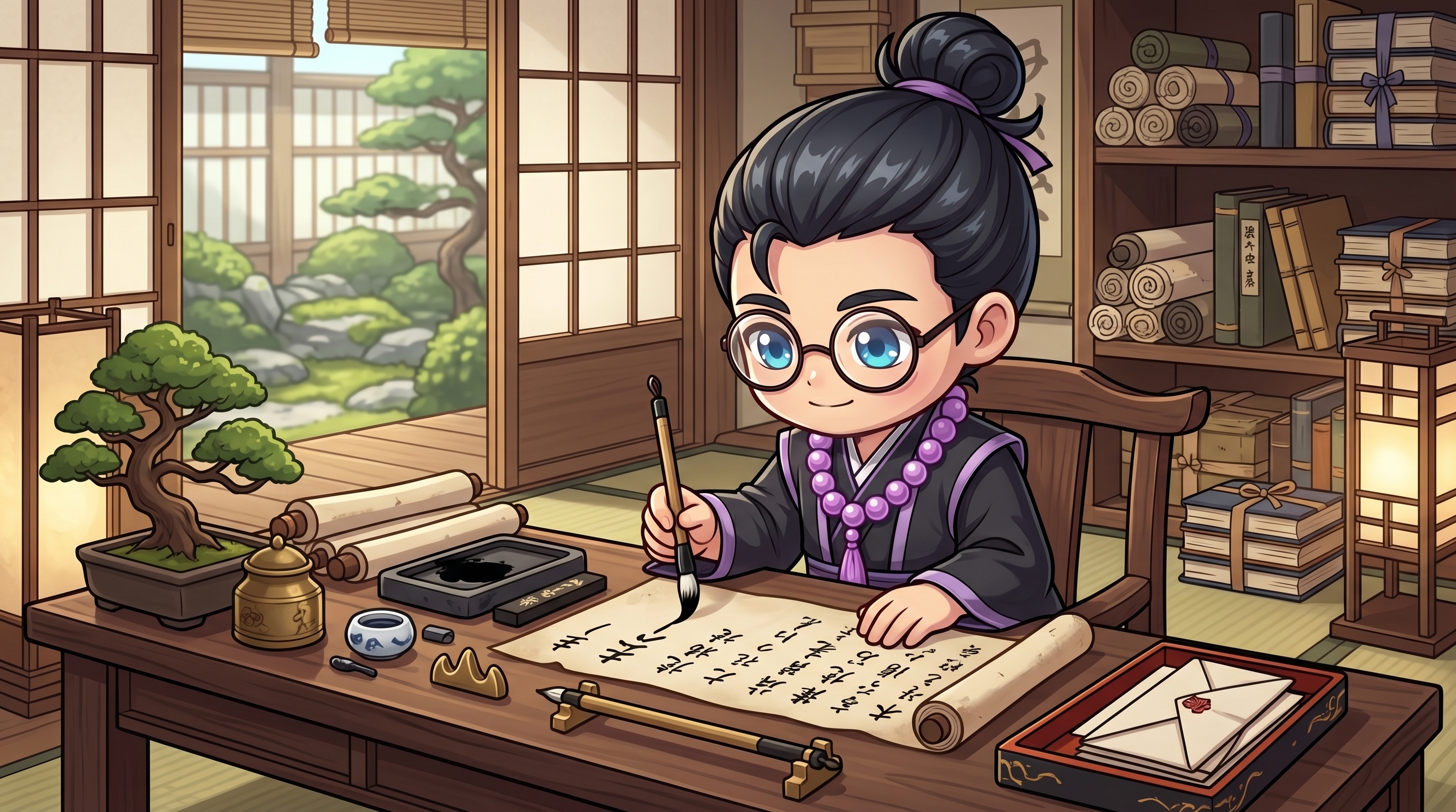 書斎で手紙を書くキャラクター
